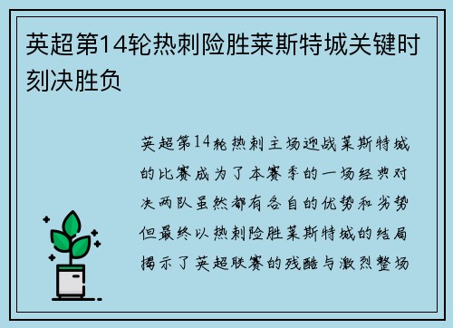 英超第14轮热刺险胜莱斯特城关键时刻决胜负